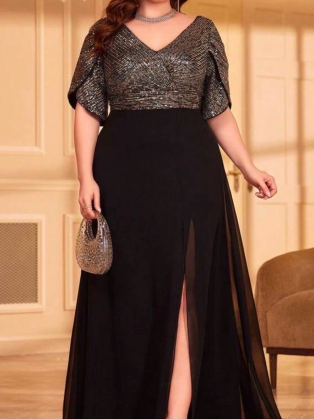 SHEIN Black Evening Maxi Dress with Silver Metallic Bodice
